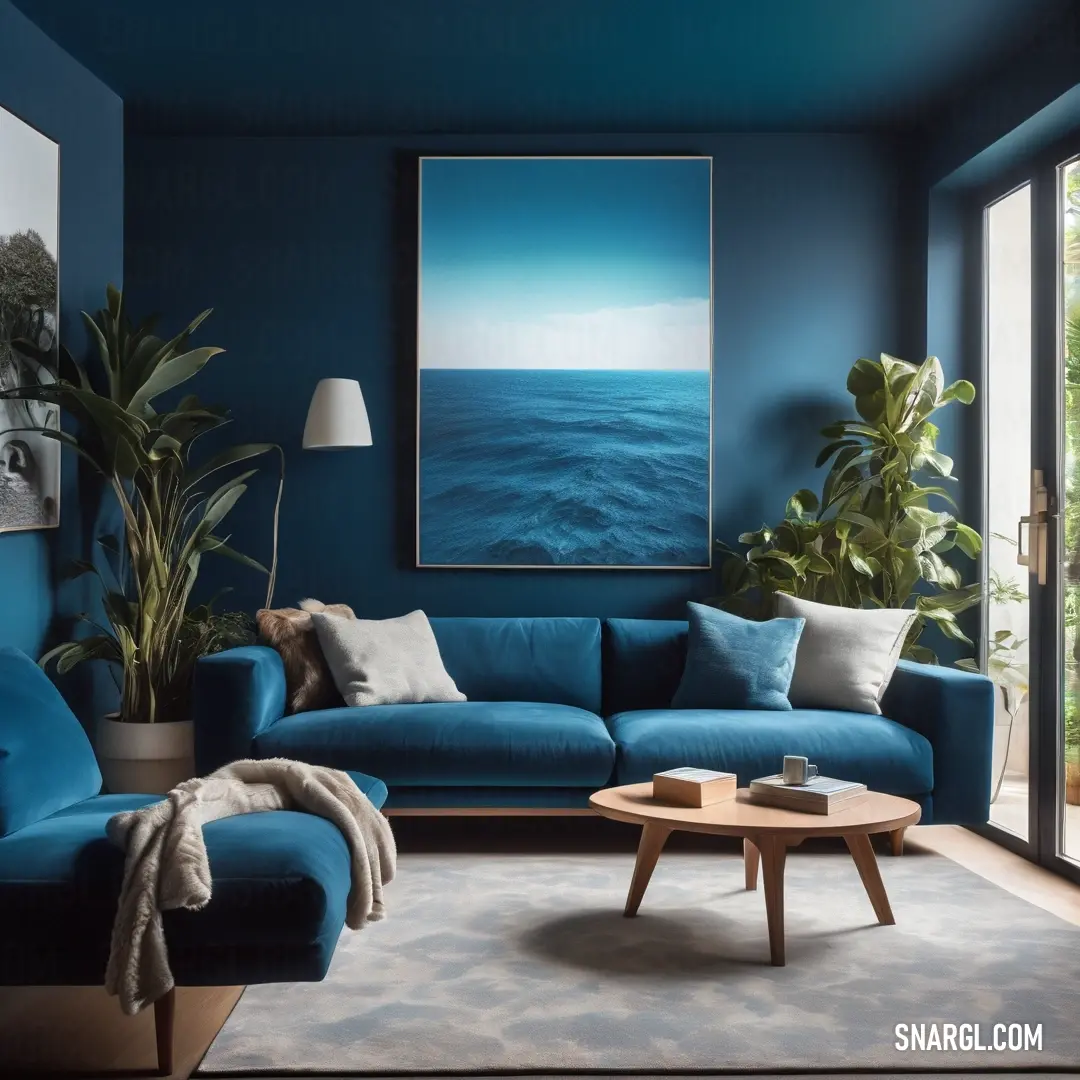 Living room with a blue couch and a coffee table in it and a painting on the wall above. Color RGB 93,138,168.