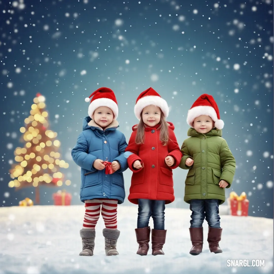 Three children in winter clothes standing in the snow with a christmas tree in the background. Color Rackley.