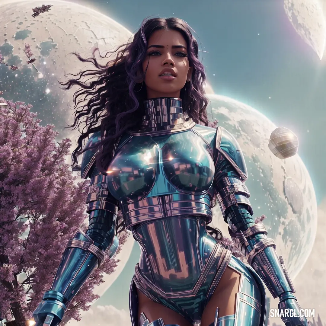 Woman in a futuristic suit standing in front of a moon and tree