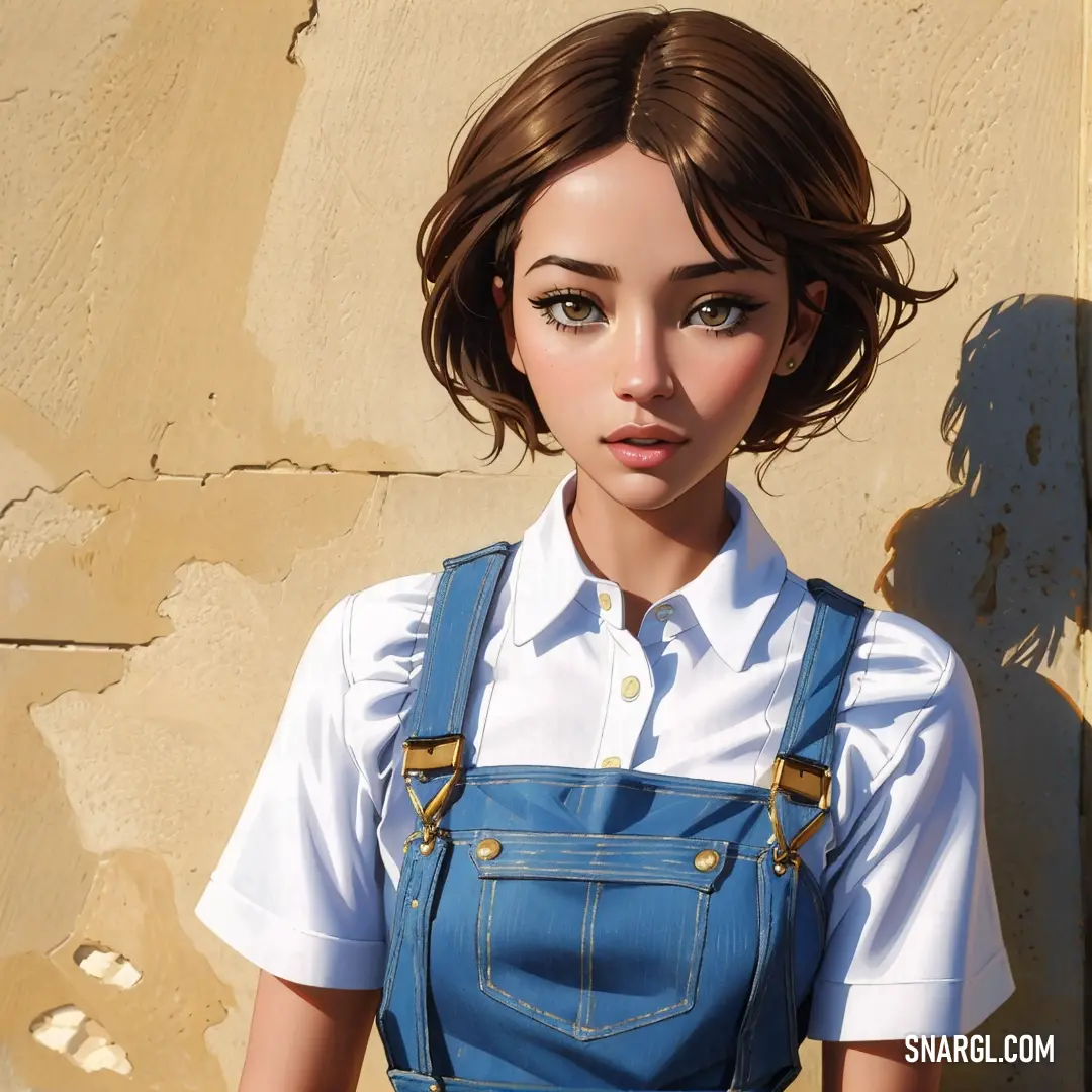 Woman with a short brown hair and blue overalls is standing in front of a wall with a white shirt