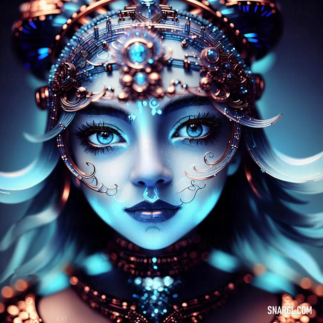 Woman with blue eyes and a headpiece with jewels on her head and a blue background with a blue and gold design