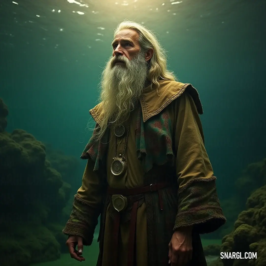 A fantastical figure adorned in green glides through the depths of the water, illuminated by ethereal light, embodying the spirit of nature and wonder. A mystical being with a long beard, dressed in vibrant green attire, swims gracefully under water, illuminated by a soft, enchanting glow, capturing the essence of magic and nature.