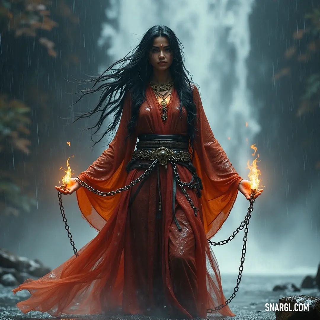 Radiant Radha in a vivid red dress stands boldly in the rain, gripping torches and chains, with a stunning waterfall as her backdrop, creating a scene of captivating drama. A striking figure, Radha, in a lush red dress, holds ornate chains and torches amidst the rain, with a majestic waterfall cascading behind her, capturing a moment of drama and allure in a captivating natural setting.