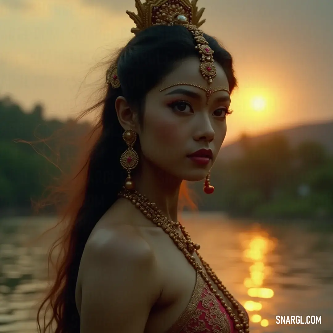 A mesmerizing portrayal of a regal woman in a red dress, adorned with a crown, standing against a picturesque sunset, radiating a sense of majesty and ethereal beauty. An enchanting scene features a woman clad in a striking red dress, crowned with elegance as she stands against a breathtaking sunset, the warm colors blending harmoniously with the silhouette of her graceful figure, exuding royalty and poise.