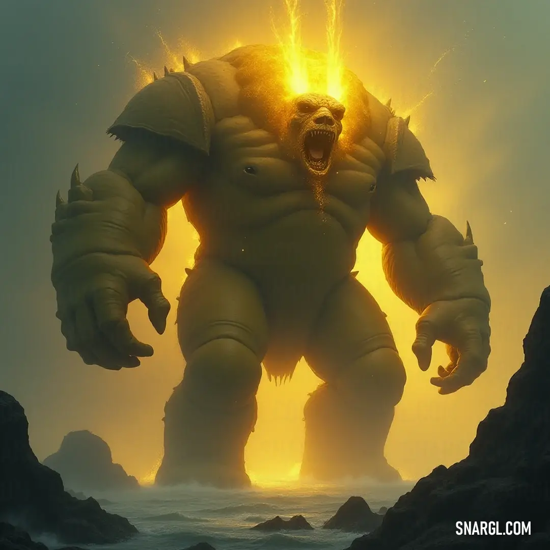 Magnificent Radiant Golem radiating light at sunset, mirrored in tranquil waters under an enchanting sky. A magnificent Radiant Golem with a colossal head glows vibrantly against the backdrop of a mesmerizing sunset, as its reflection dances on a tranquil body of water, creating a magical interplay of light and nature.