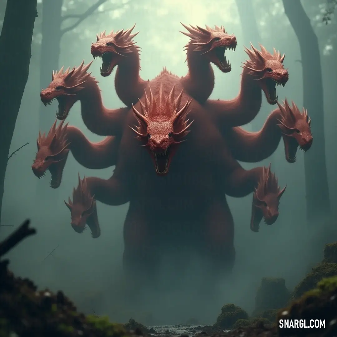 A mesmerizing group of red Radiant Hydra-like creatures emerges from the misty forest, their unique forms intertwined with the foggy trees, creating an atmosphere of mystery and enchantment.