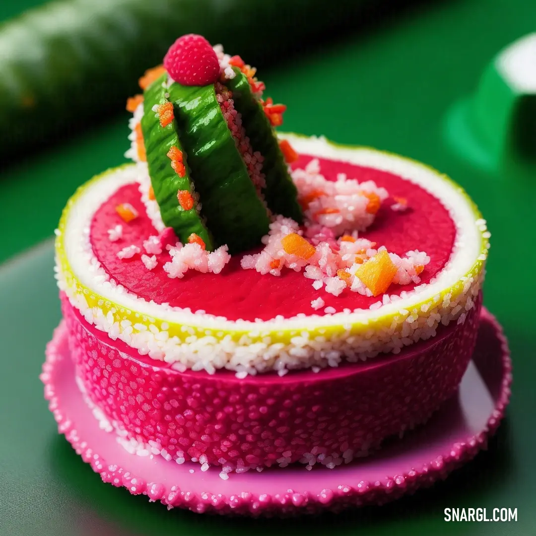 Cake with a cactus on top of it on a table with a green background and a pink plate