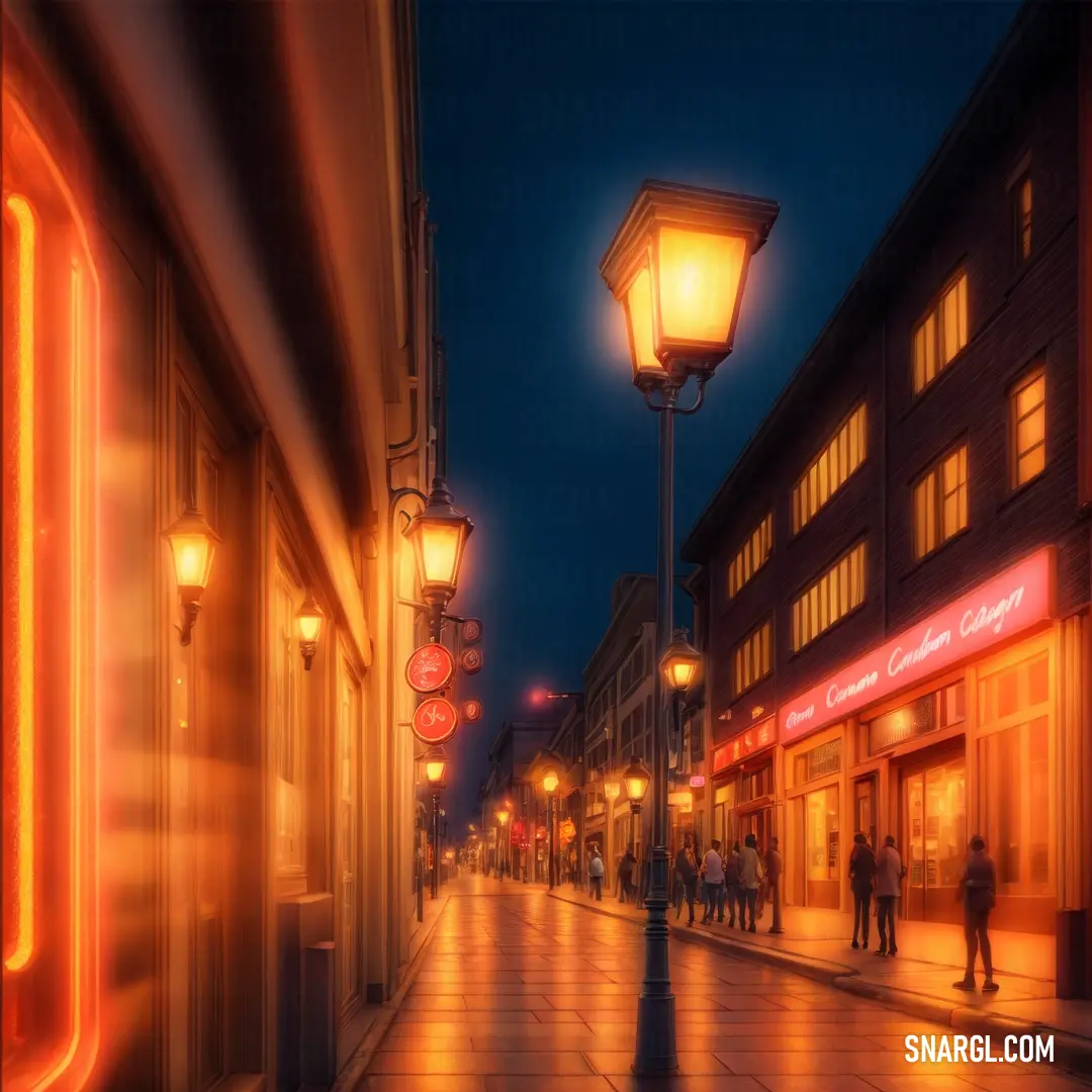 A bustling city street at night, illuminated by streetlights. Pedestrians stroll along the sidewalk as cars pass by, with a building featuring a bold red sign glowing in the dark. The atmosphere is lively yet serene, capturing the charm of urban nightlife