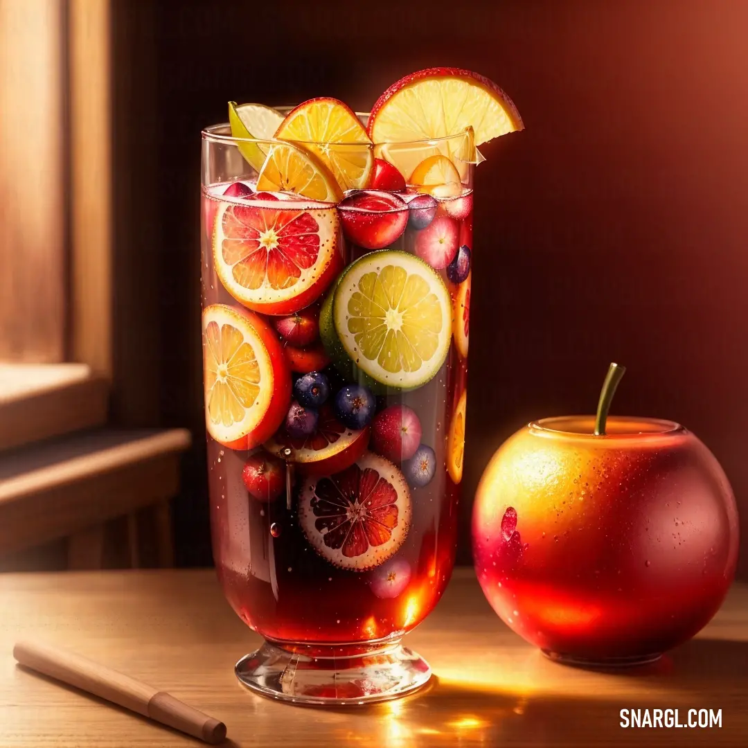 Glass of fruit and a red apple on a table with a window in the background