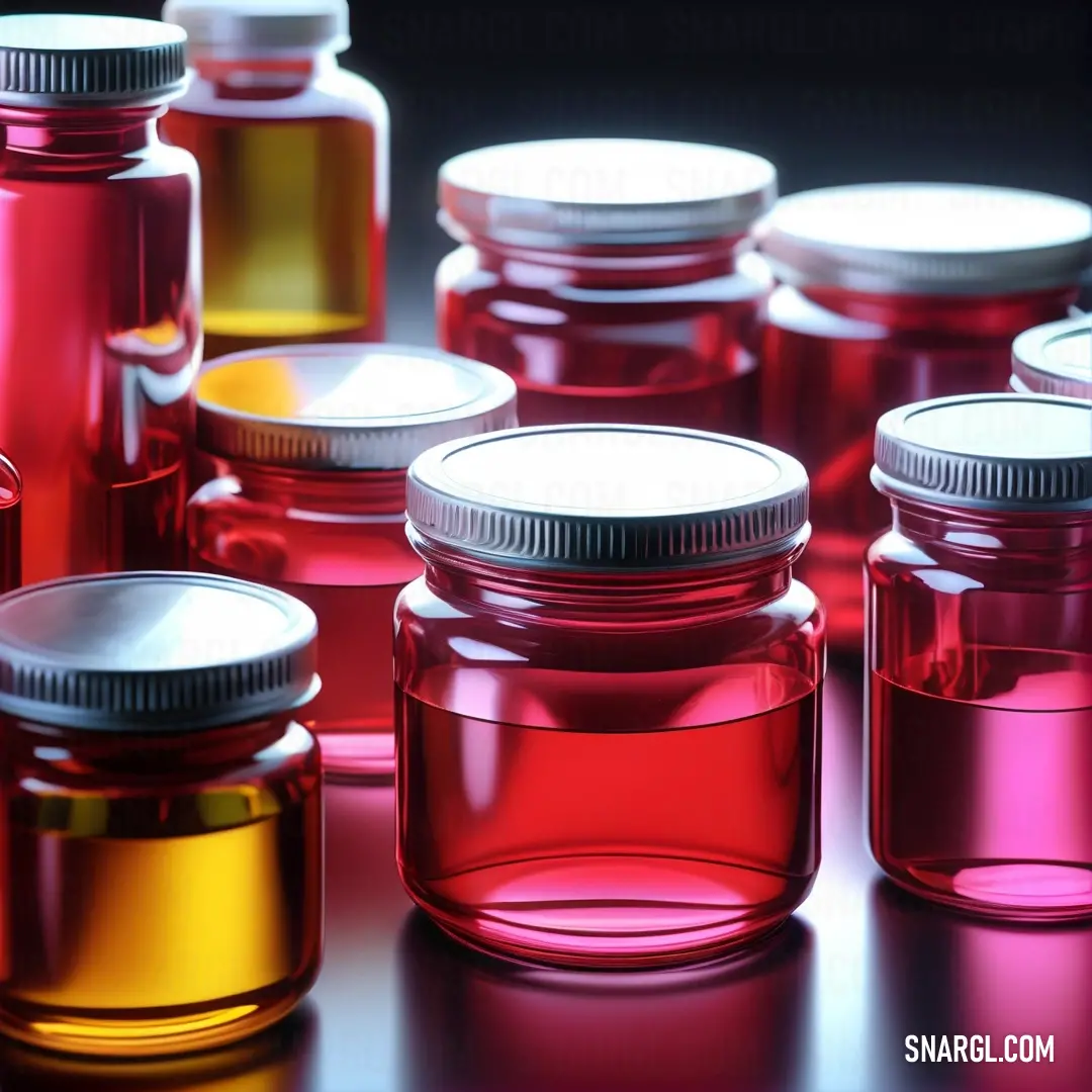 An intriguing array of jars filled with colorful liquids rests atop a sleek table, their vivid hues shining against a dark background, creating an atmosphere of curiosity and wonder, inviting viewers to investigate their contents.