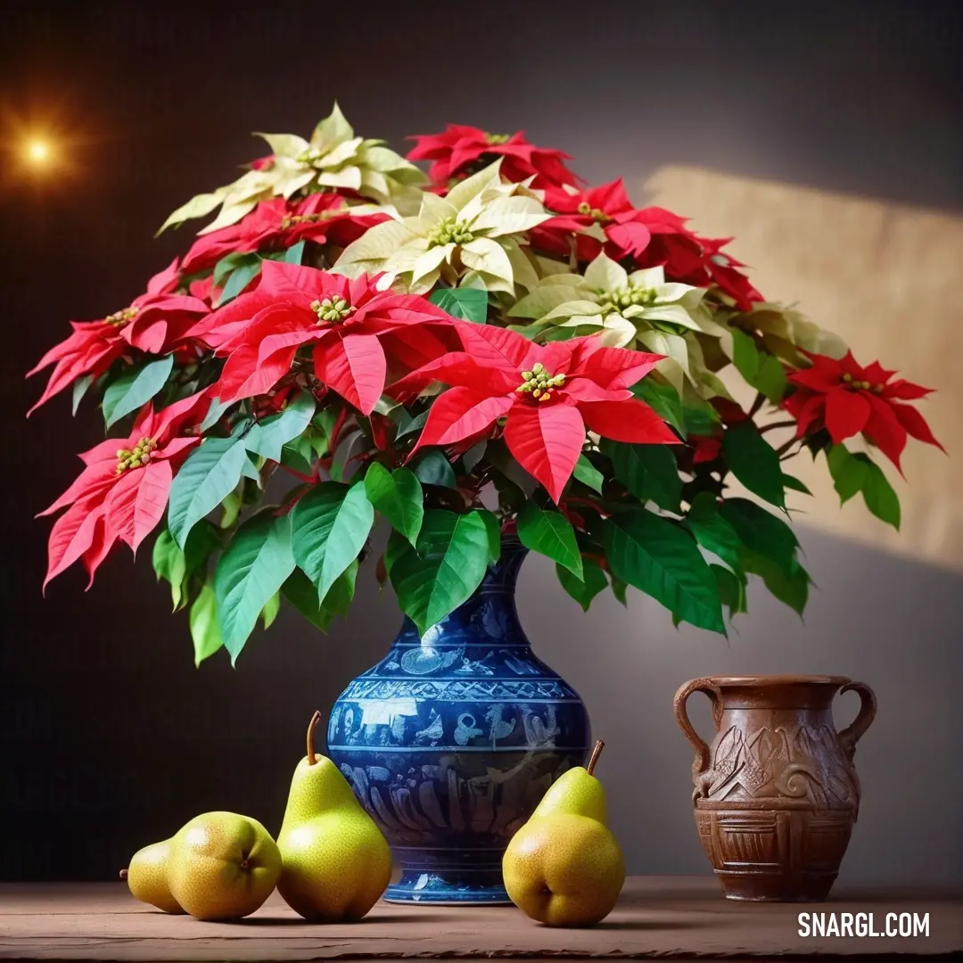 A beautifully arranged blue vase fills a sunny table, embellished with lush red flowers, elegant green leaves, and ripe pears, creating a warm and inviting centerpiece for any setting.