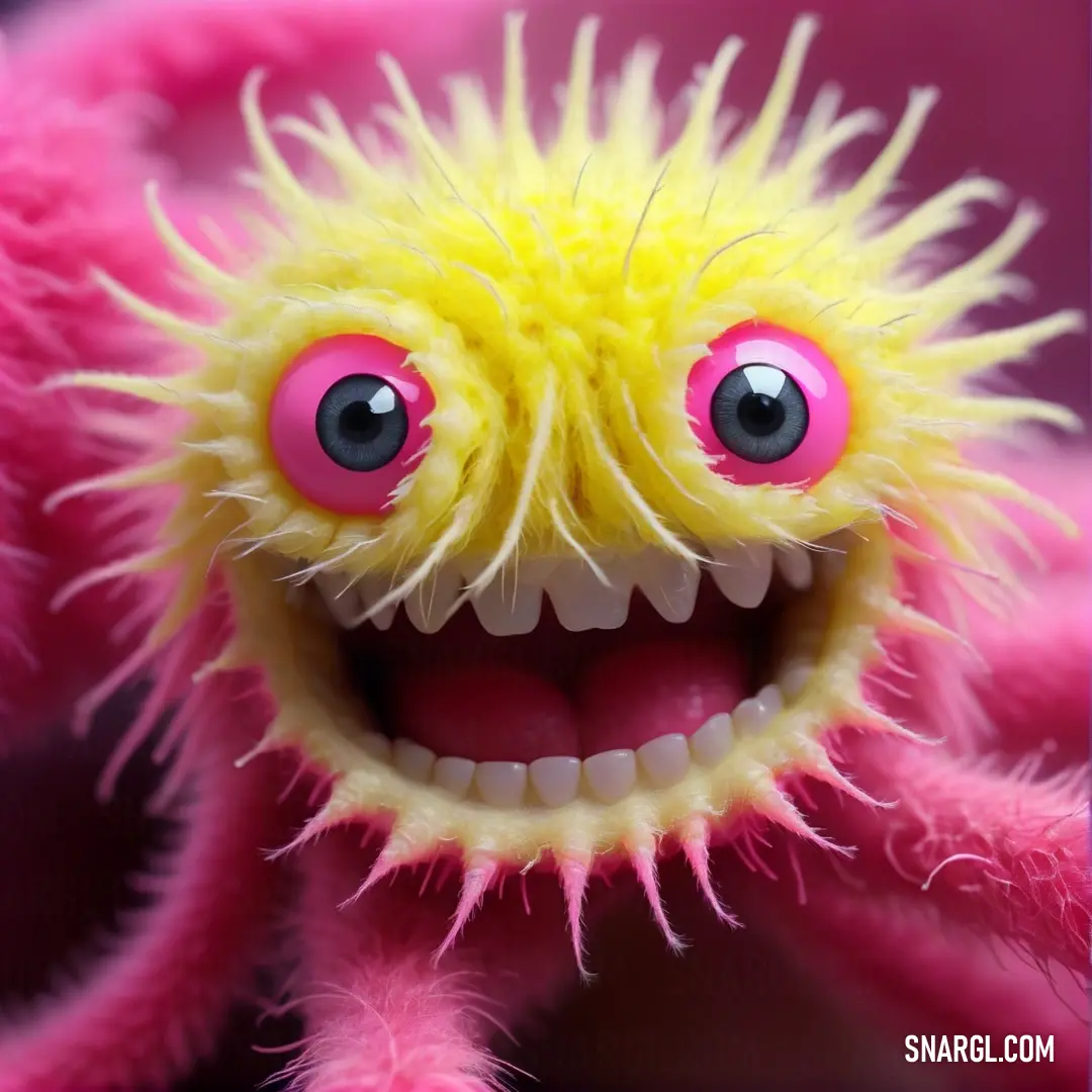 A cheerful close-up of a whimsical stuffed animal showcasing an enormous smile. Its charming tooth adds personality, complemented by soft, inviting fur and colors that evoke joy.