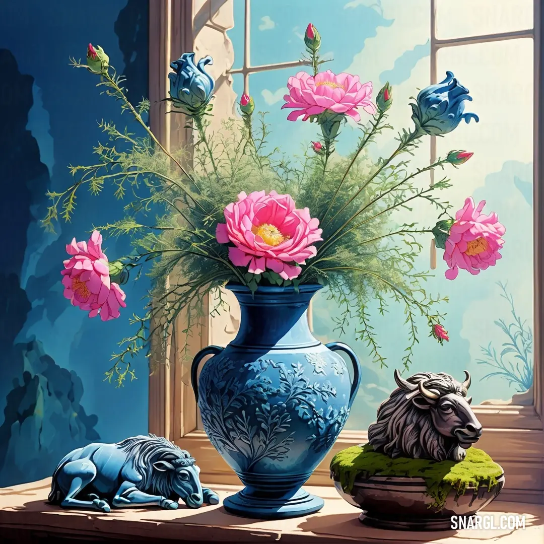 An enchanting painting featuring a vase filled with blooming flowers alongside a charming dog statue on a window sill, with a soothing blue wall behind them evoking a feeling of calm and serenity.