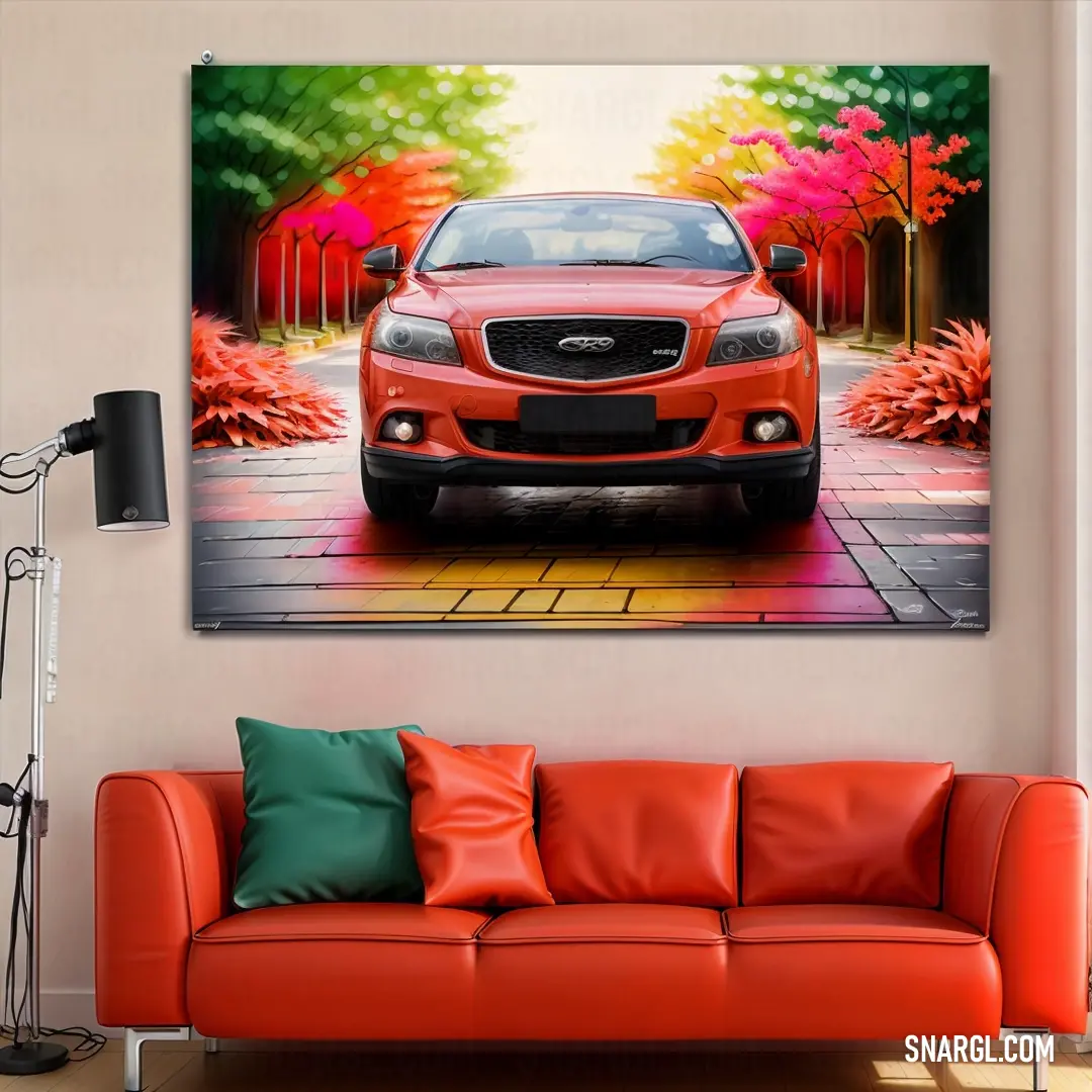 A vibrant red car rests in a driveway, parked beside a tree with equally fiery red leaves. The contrast of the car's bold color against the natural beauty of the surroundings creates a striking, harmonious visual.