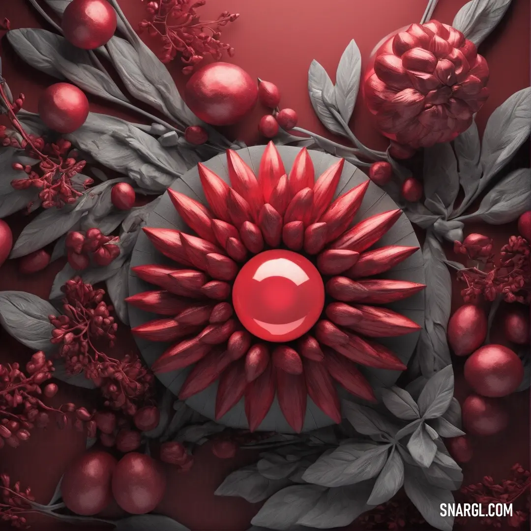 A red flower surrounded by green leaves and berries stands out vividly against a deep red background. The rich colors and natural elements evoke a sense of warmth and beauty, with the flower’s intricate details creating a striking visual contrast.