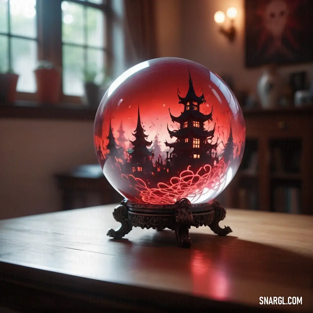 A vibrant red glass ball with a miniature castle inside rests on a table, bathed in soft light. The intricate details of the castle are magnified by the glass sphere, adding a touch of magic and whimsy to the room's decor.