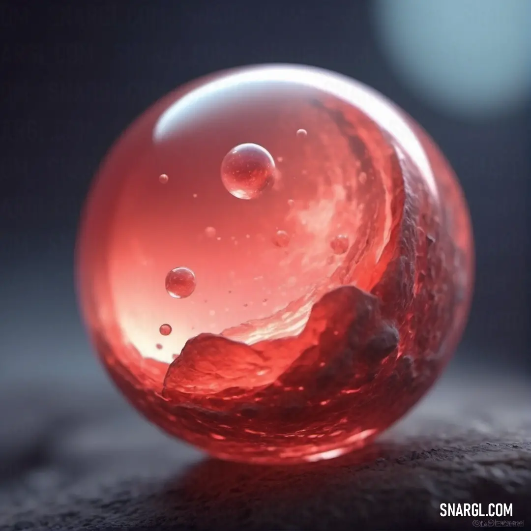 A red glass ball, its surface adorned with playful bubbles, sits on a table with a contrasting black background. The vibrant red hue and the bubbles create a dynamic, eye-catching contrast that draws attention to the intricate texture of the glass.