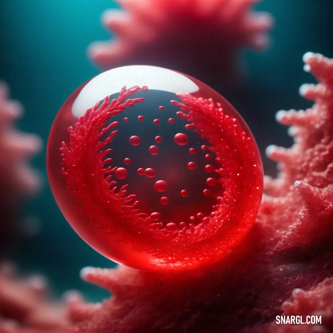 Radical Red color. Red ball with water droplets on it on a coral reef with corals in the background