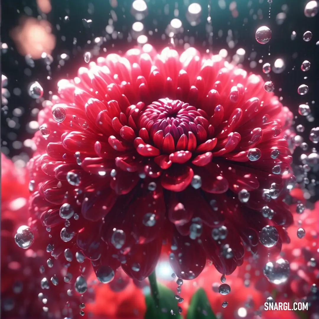 A delicate red flower glistening with water droplets, gracefully surrounded by lush green leaves in the background, creating a refreshing and vivid tableau reminiscent of a dewy morning.