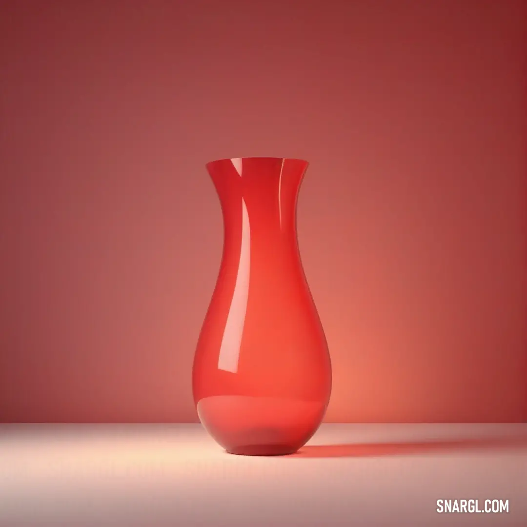 A red vase rests on a white table, its bright color standing out against a rich red background. The smooth, reflective surface of the vase contrasts beautifully with the simplicity of the white table, creating an elegant and modern composition.