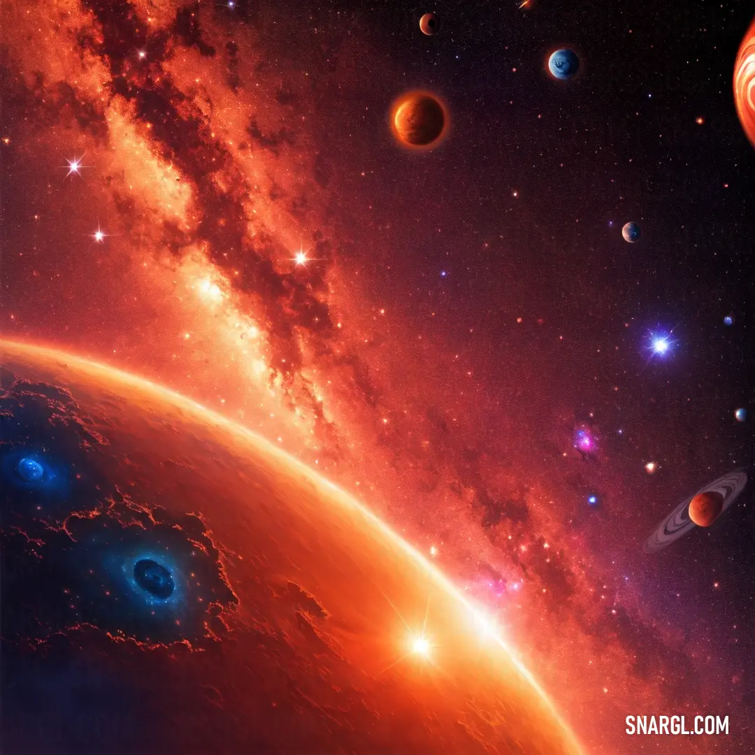 A captivating space scene filled with distant planets floating among countless stars. The vastness of space is highlighted with the dominant color of Radical Red, evoking feelings of cosmic wonder and mystery beyond the confines of Earth.