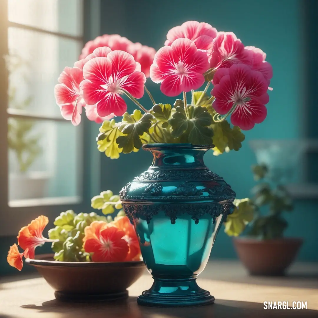 A delightful scene featuring a vase overflowing with colorful flowers placed beside a charming bowl of blossoms, framed by a nostalgic blue window sill, evokes feelings of tranquility.