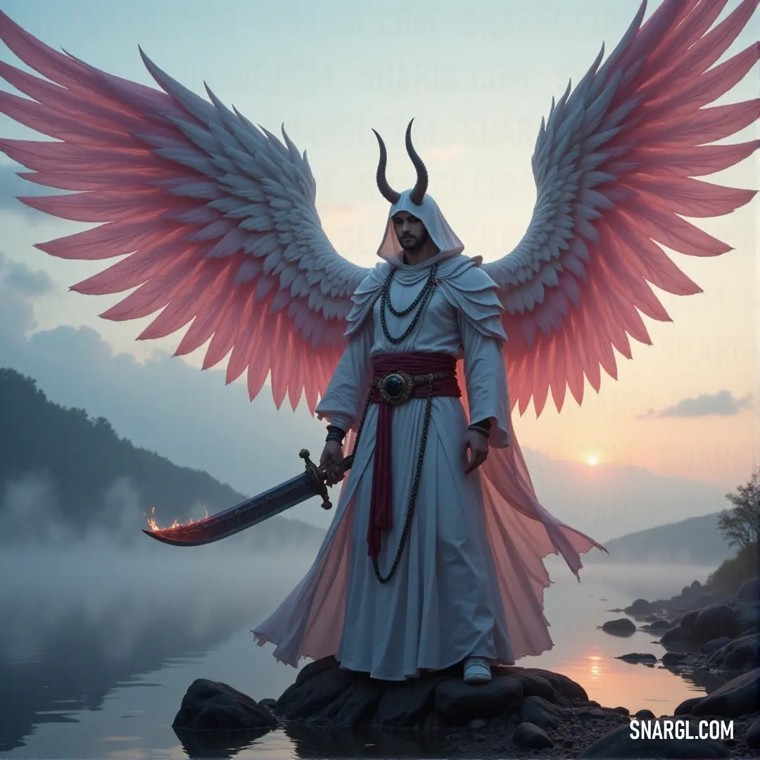 Radueriel with wings spread, holding a sword, standing in a stance that radiates calm power and vigilance. Radueriel, a winged figure with a sword in hand, stands tall, his expression serious and focused. His wings are spread wide, symbolizing both strength and grace in this moment of quiet contemplation.
