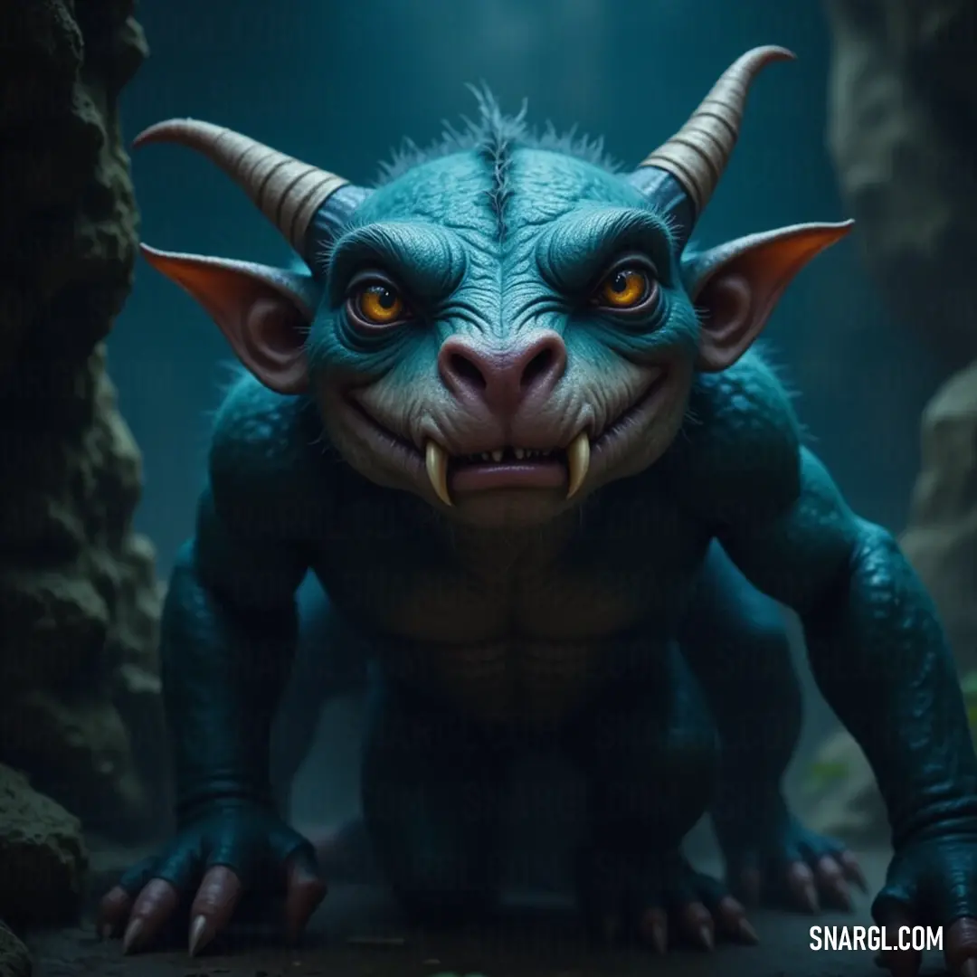 A Blue Ragg basking in ethereal light within a mysterious cave, showcasing its unique horns and captivating gaze. A captivating scene featuring a Blue Ragg creature with large expressive eyes and dramatic horns, illuminated by a mystical light in a shadowy cave, evoking a sense of wonder and enchantment.