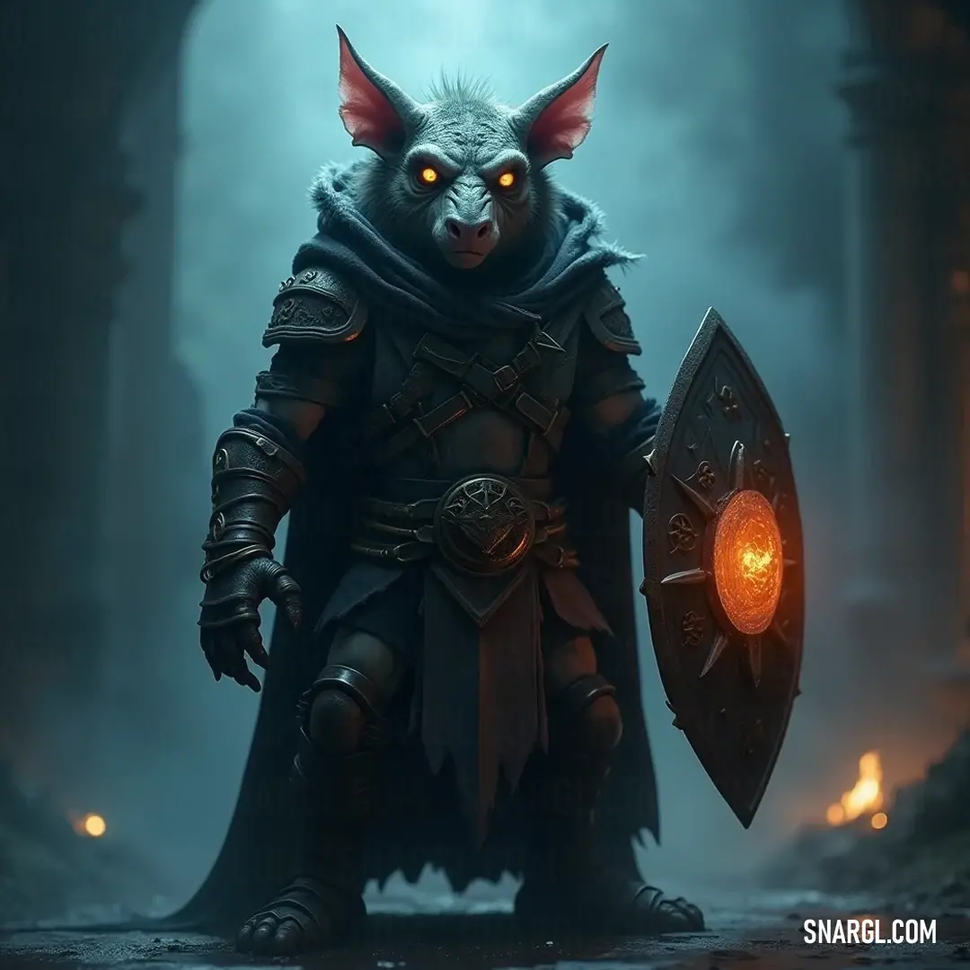Valiant Ragg in a dark fantasy setting, holding shield and glowing orb ready for adventure. In a dark fantasy realm, a formidable Ragg holds a sturdy shield and a glowing orb, his resolute stance and fierce expression embodying the spirit of courage as he stands prepared to defend against the shadows lurking in the unknown.