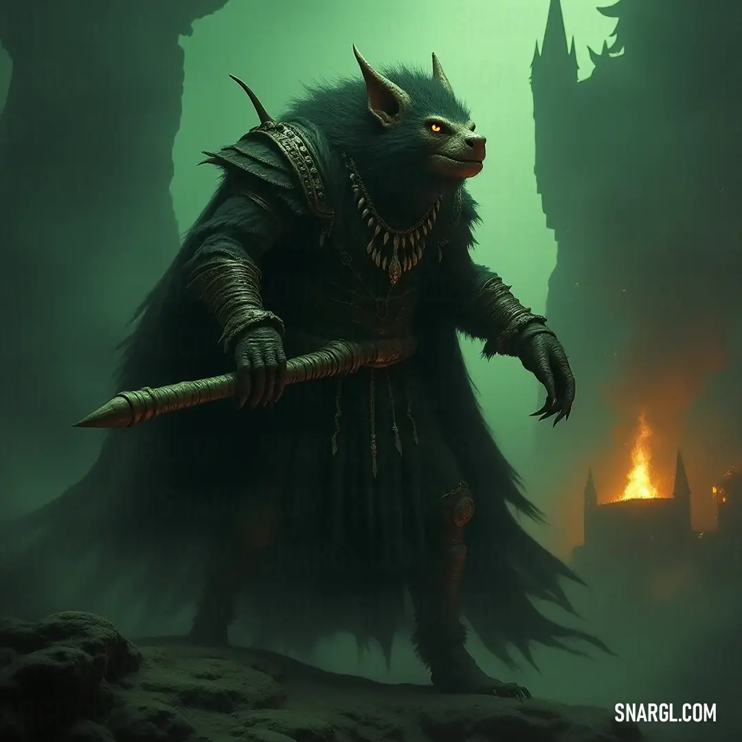 In the heart of a dark forest, a valiant Raggor wields a sword, with a mysterious castle emerging from the shadows, embodying bravery and challenge. An imposing Raggor figure brandishes a gleaming sword, standing resolutely in a dark forest with an ominous castle looming in the background, conveying strength and courage.