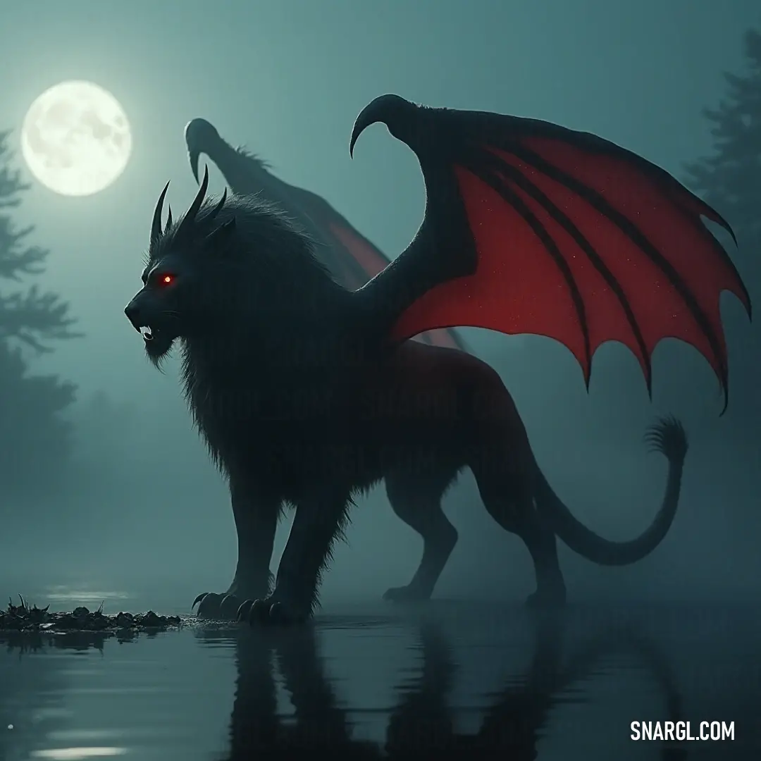 A fierce Manticore, brilliant red in color, glows ominously with piercing eyes, depicted standing proudly in the shimmering dark waters of a moonlit lake.