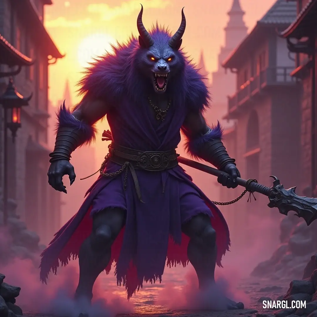 Demonic Ragnar, with a sword and striking purple hair, stands in a city street at sunset, his intense gaze and otherworldly features adding to the eerie atmosphere. A demonic figure named Ragnar stands in a city street at either dawn or dusk, holding a sword. His purple hair and Ragnar-like face give him an unsettling appearance as the orange and pink hues of the sky bathe the street in a surreal, haunting light.