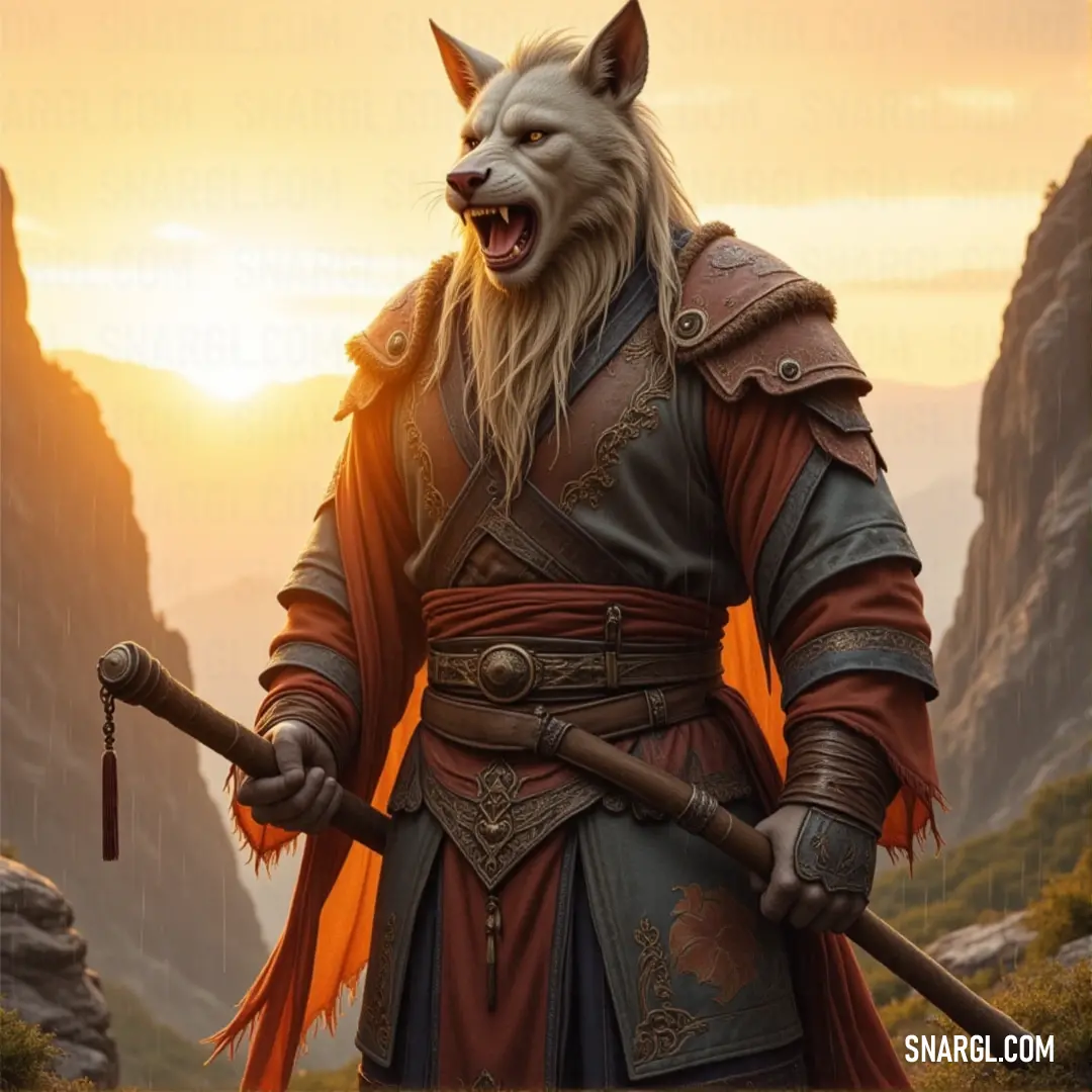 At sunset, Wolf Ragnar, sword drawn and helmet on, stands amidst the mountainous landscape, his silhouette blending with the fiery hues of the sky. Wolf Ragnar stands tall, sword in hand, and helmet atop his head, set against the backdrop of a glowing sunset. The mountains in the distance frame the scene with dramatic beauty, adding to Ragnar's intimidating presence.