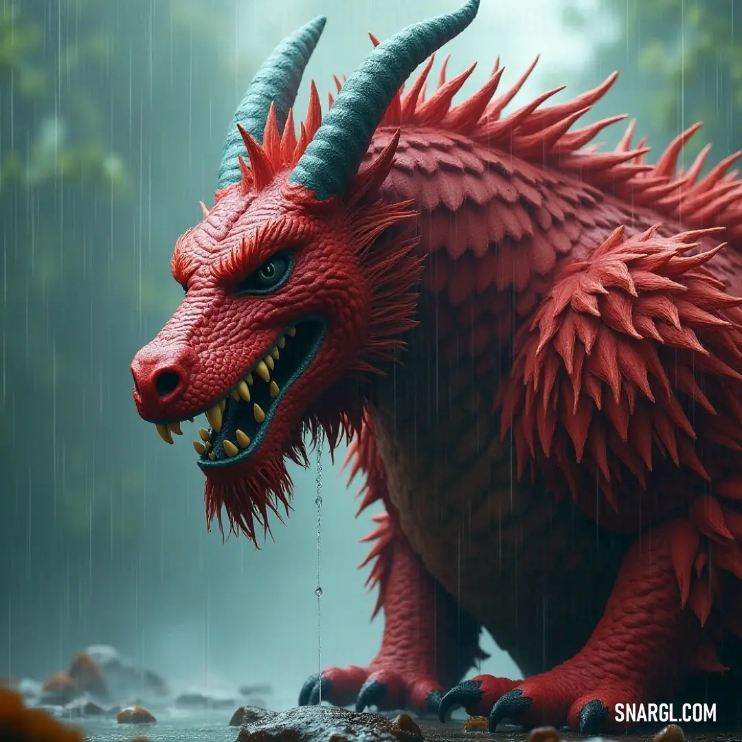 Fierce Red Ragnaros Roaring in the Rain A fierce Red Ragnaros with majestic horns stands powerfully in a torrential downpour, its mouth agape as if roaring at the storm above. The rain cascades around it, creating a dynamic scene filled with energy and intensity.