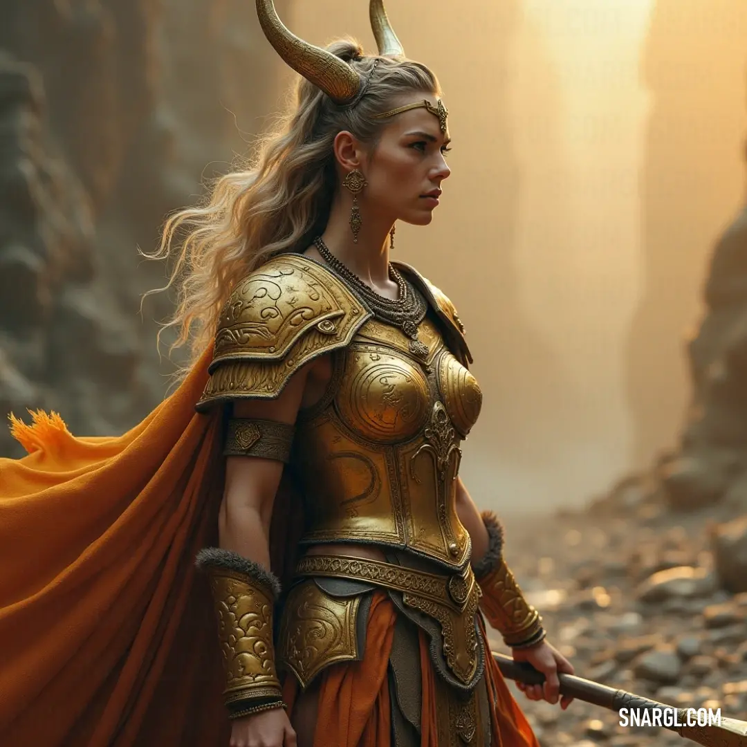 Draped in a stunning golden outfit decorated with horns and a flowing cape, Ragnhildr exudes an aura of powerful elegance, reminiscent of a mystical goddess in a captivating realm. Ragnhildr dazzles in a golden outfit adorned with horns and a flowing cape, her regal presence captivating against the backdrop of a mystical scene, embodying the essence of a mythical goddess.