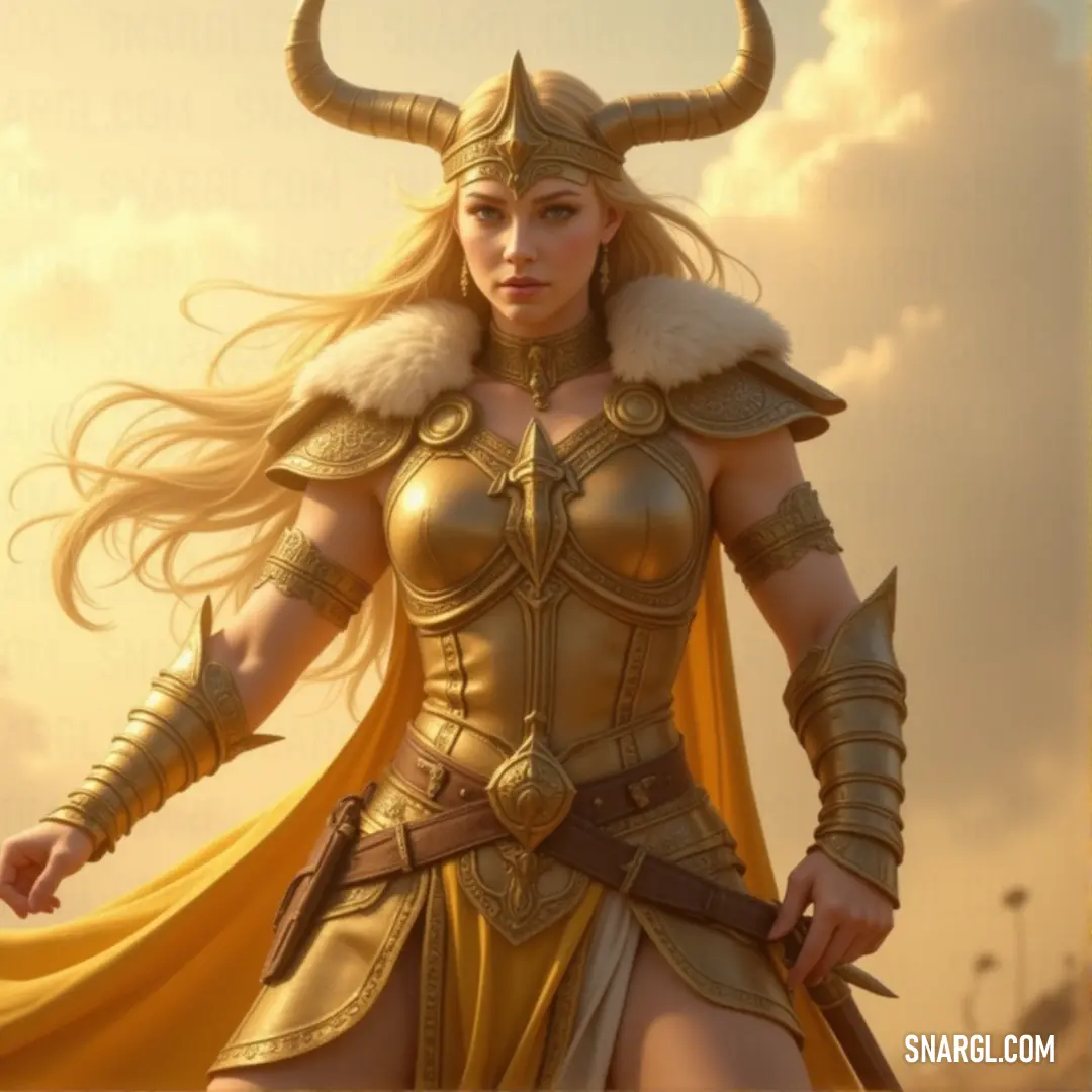A confident figure in golden attire and horns, standing tall and proud, eyes set on the horizon, ready to face whatever challenges the future holds. A powerful woman dressed in a golden outfit with horns atop her head stands proud and confident. Her piercing gaze looks toward the horizon, as if ready to take on any challenge that may come her way.