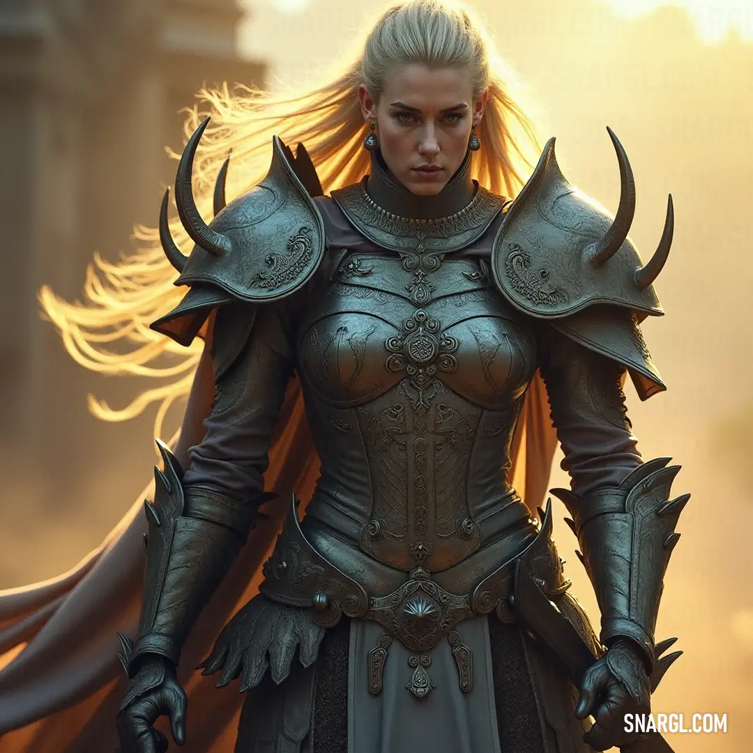 In this powerful depiction, Ragnhildur, adorned in striking armor and a horned helmet, embodies the essence of a warrior ready for battle, her presence commanding respect and admiration. Ragnhildur stands imposingly in intricate armor with a horned helmet, her confident demeanor radiating strength and resolve. She projects an aura of honor and readiness, a true embodiment of the warrior spirit.
