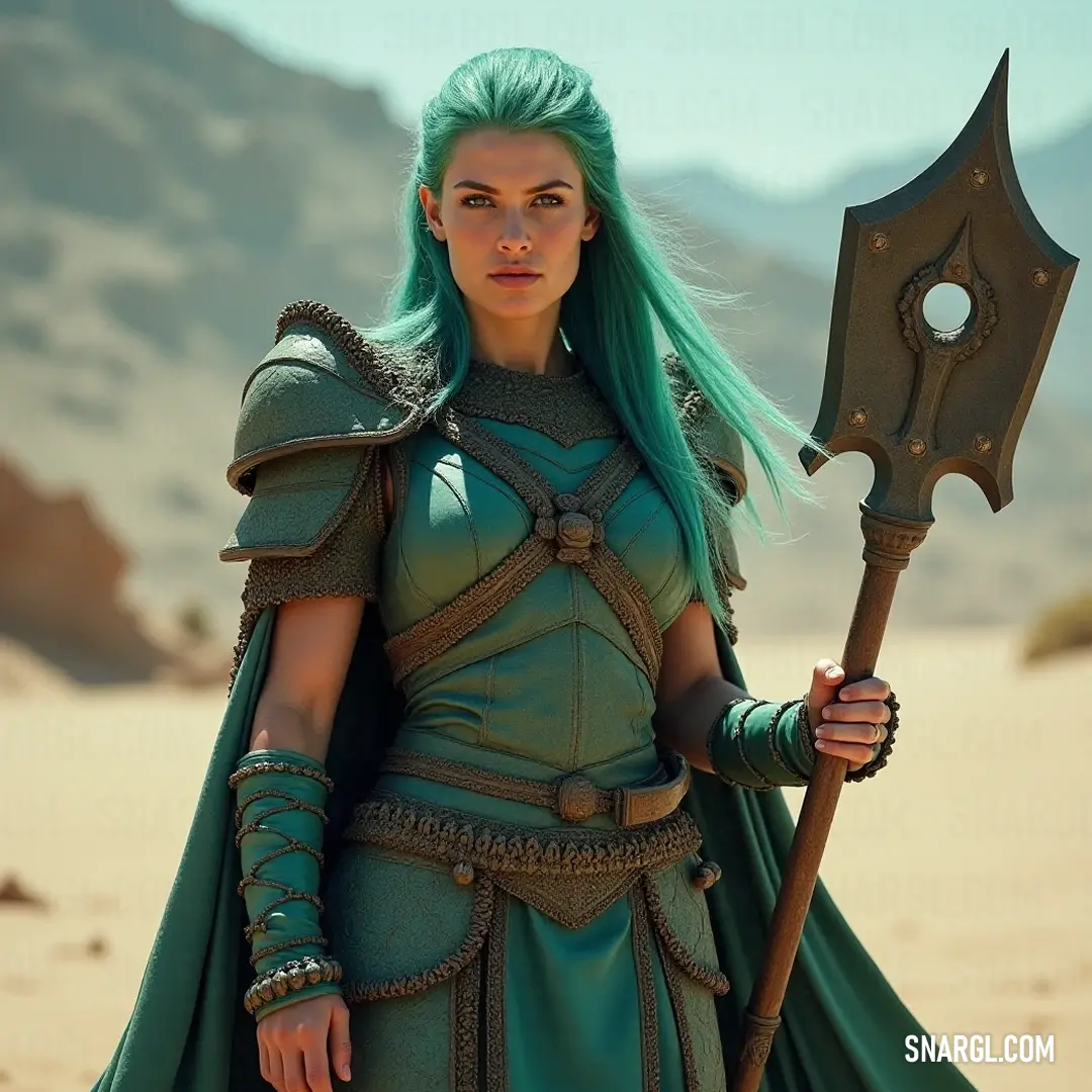 A fearless warrior in a vibrant green dress, brandishing a spear and axe in the heart of the desert, embodying strength and determination against the backdrop of endless dunes. A courageous figure adorned in a flowing green dress stands confidently in a vast desert landscape, wielding a large spear in one hand and a formidable axe in the other, ready for adventure and challenges ahead.