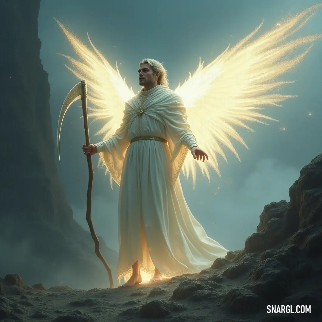 A powerful angel with a staff and resplendent wings stands proud in a dimly lit cave, the soft glow of a halo around his neck enhancing the atmosphere of strength and serenity.