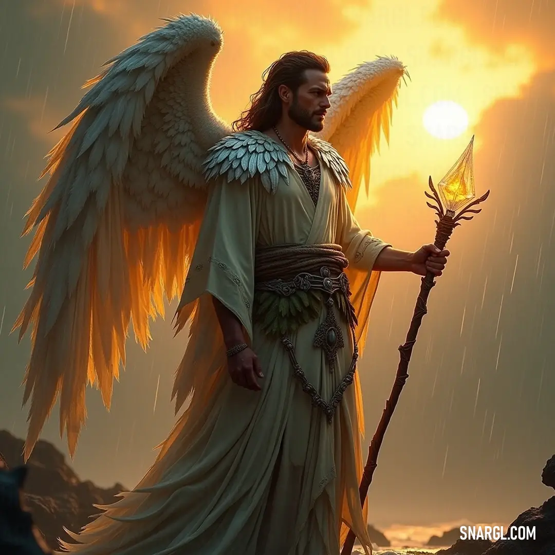 Raguel, brandishing a sword and staff against a vivid backdrop of rain and sunlight, demonstrates valor and strength, his wings harmonizing with nature's drama. A majestic depiction of Raguel, wielding a sword and staff, standing resolute in the rain as the sun casts a glowing light behind him. His angel wings shimmer, merging with the dramatic sky, creating a sense of valor and serenity amidst the storm.
