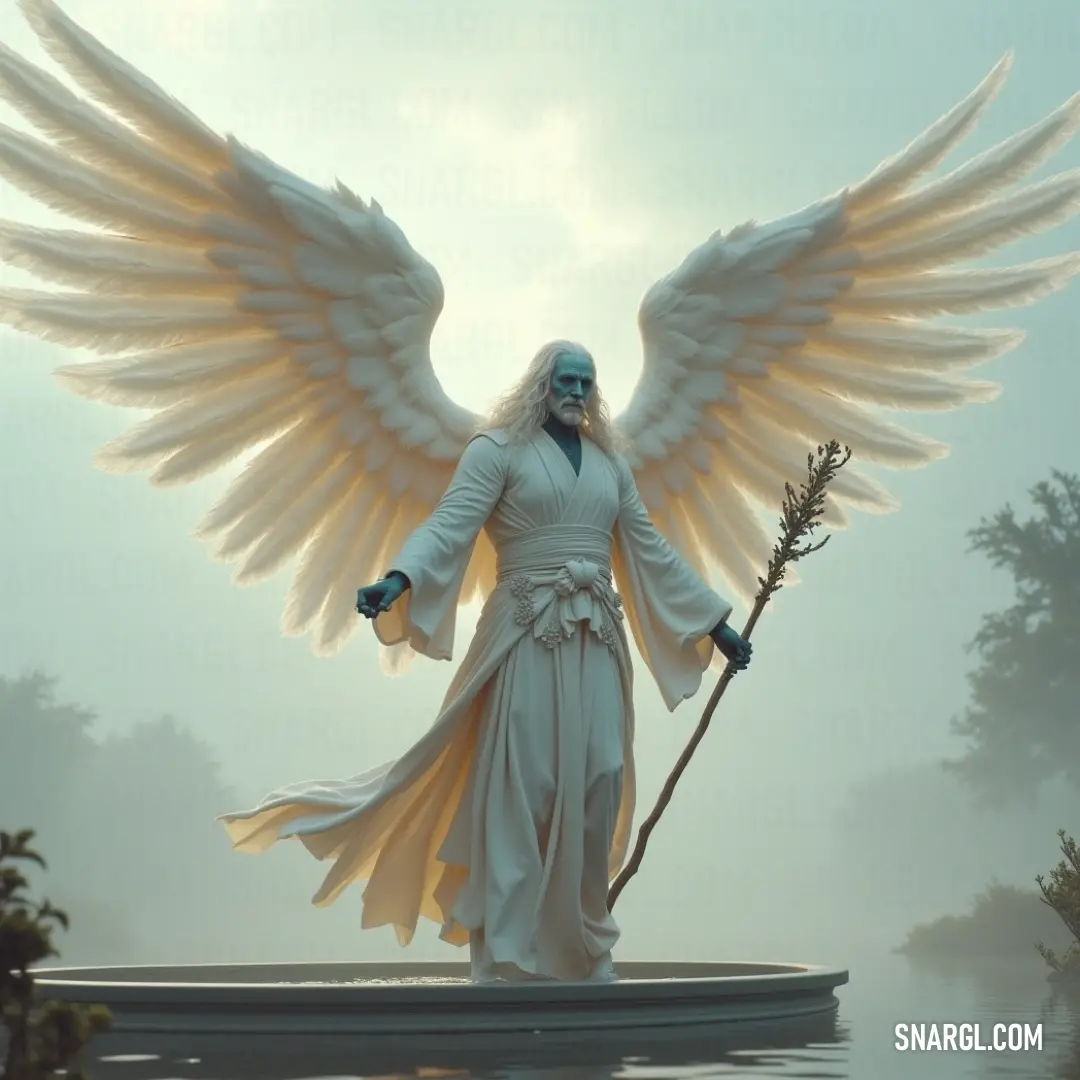 Raguel, the celestial being, holding both a staff and stick, embodying wisdom and grace. Raguel, with majestic wings, stands with both a staff and a stick in hand, radiating calm wisdom as he looks ahead, surrounded by an aura of light.