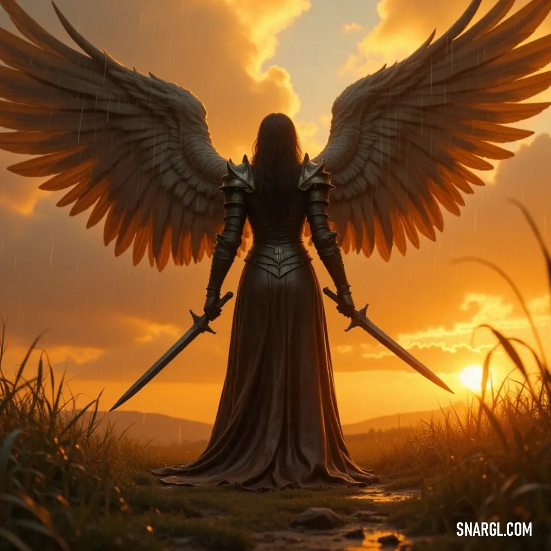 Raguel, the celestial warrior, holding a sword with wings spread, in a golden sunset-lit field. Raguel, with wings spread wide, holds a sword aloft as the sun sets behind him, casting an ethereal glow across the sky and the field where he stands.