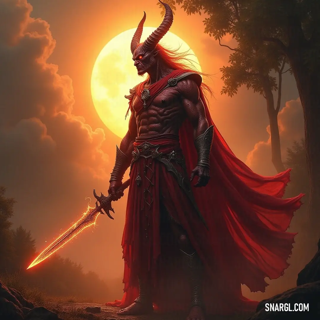 A stately figure with horns and a sword commands attention in a picturesque setting where sunlight meets the verdant embrace of nature. A regal figure adorned with majestic horns and a gleaming sword stands heroically against the backdrop of a sun-kissed sky, surrounded by trees that dance in the wind, showcasing strength and tranquility.