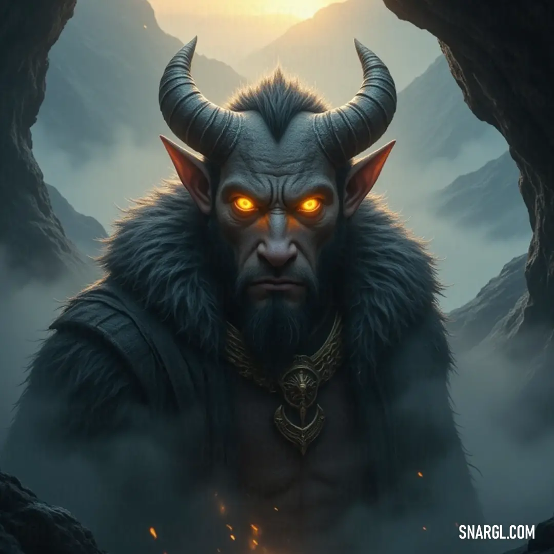 Amongst the shadows of a cavern, a figure with striking features, adorned with horns and penetrating yellow eyes, surveys the rugged mountain landscape behind him, suggesting a connection between his otherworldly nature and the raw power of the earth.