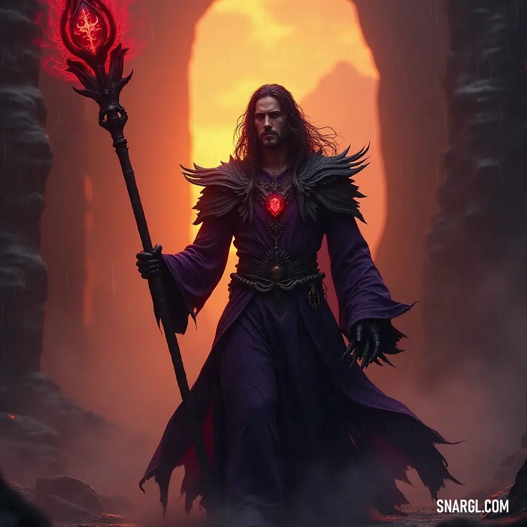 A mysterious figure with a glowing staff in a shadowy forest In a shadowy, dense forest, a figure shrouded in darkness is illuminated by a striking red light that dances across their face. Grasping a towering staff that seems to pulse with energy, they stand as a harbinger of mystique, the atmosphere thick with sec