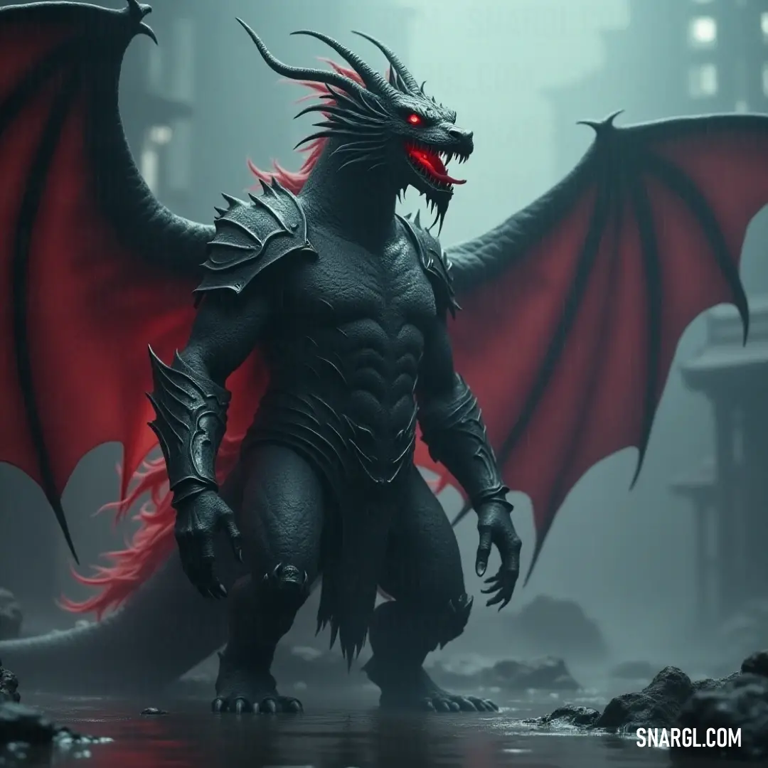 Demonic Raiden standing amidst a dark city, bathed in a haunting red glow with wings spread wide, exuding an aura of terrifying power. A powerful demonic figure of Raiden looms over a dark, dystopian cityscape, its face bathed in eerie red light, wings unfurled as it stands tall in the midst of chaos and destruction.