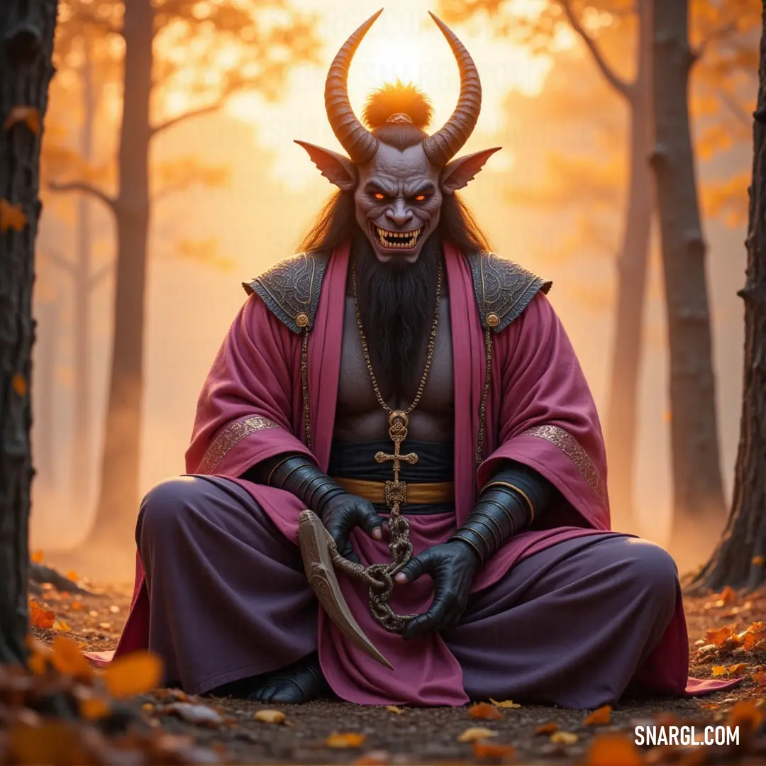 Raijin Oni stands powerful and proud, sword in hand, commanding the forest with his fierce presence. Raijin Oni, with a sword raised high, stands proudly in the midst of a dense forest. His powerful figure and fiery demeanor fill the scene with an energy that matches the stormy atmosphere surrounding him.