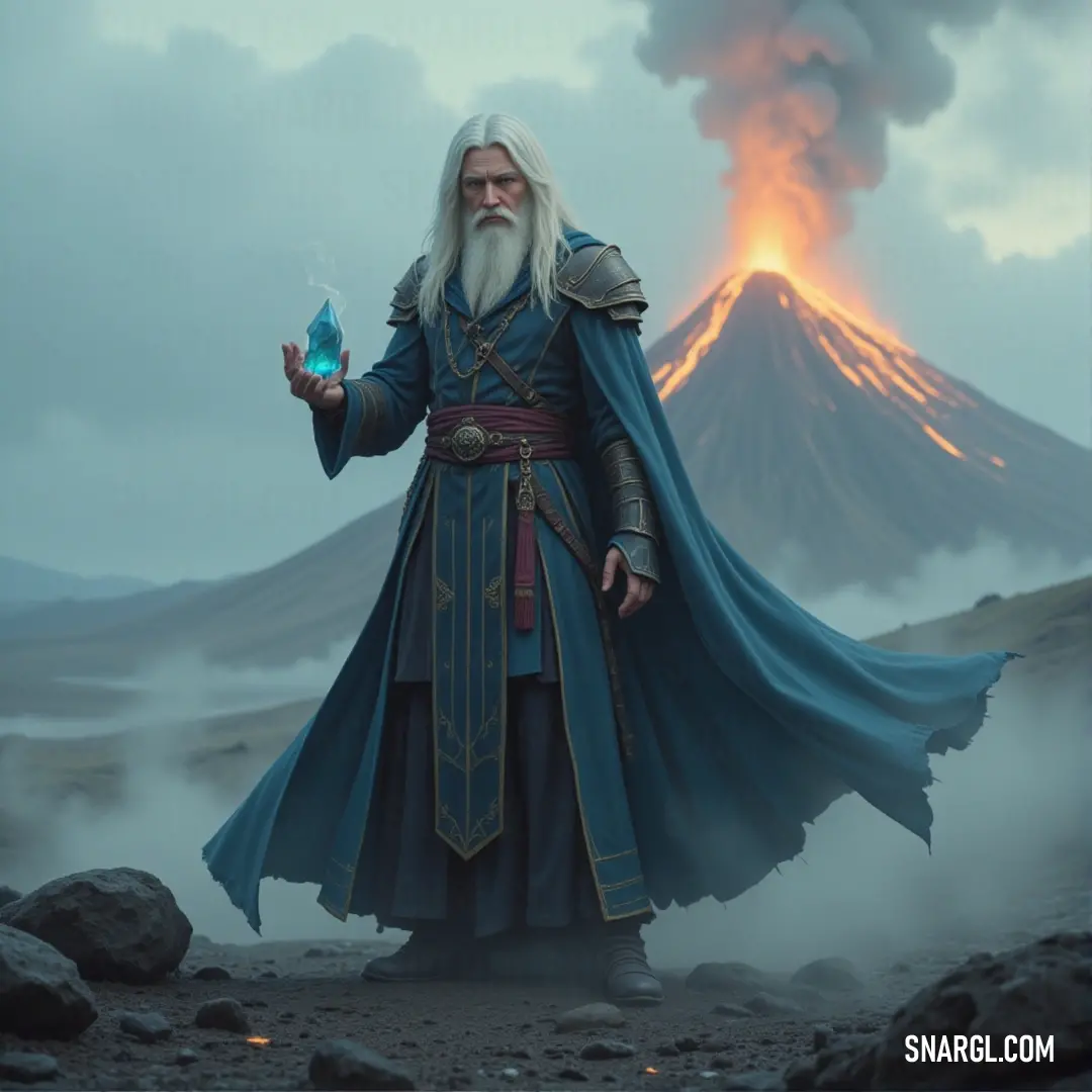 Raistlin Majere, dressed in blue, stands before a volcano, holding a glowing blue object, surrounded by fiery forces of nature. Raistlin Majere, clad in a blue outfit, holds a mysterious blue object in his hand. The volcanic landscape behind him smolders with activity, adding a dangerous intensity to the already tense atmosphere.