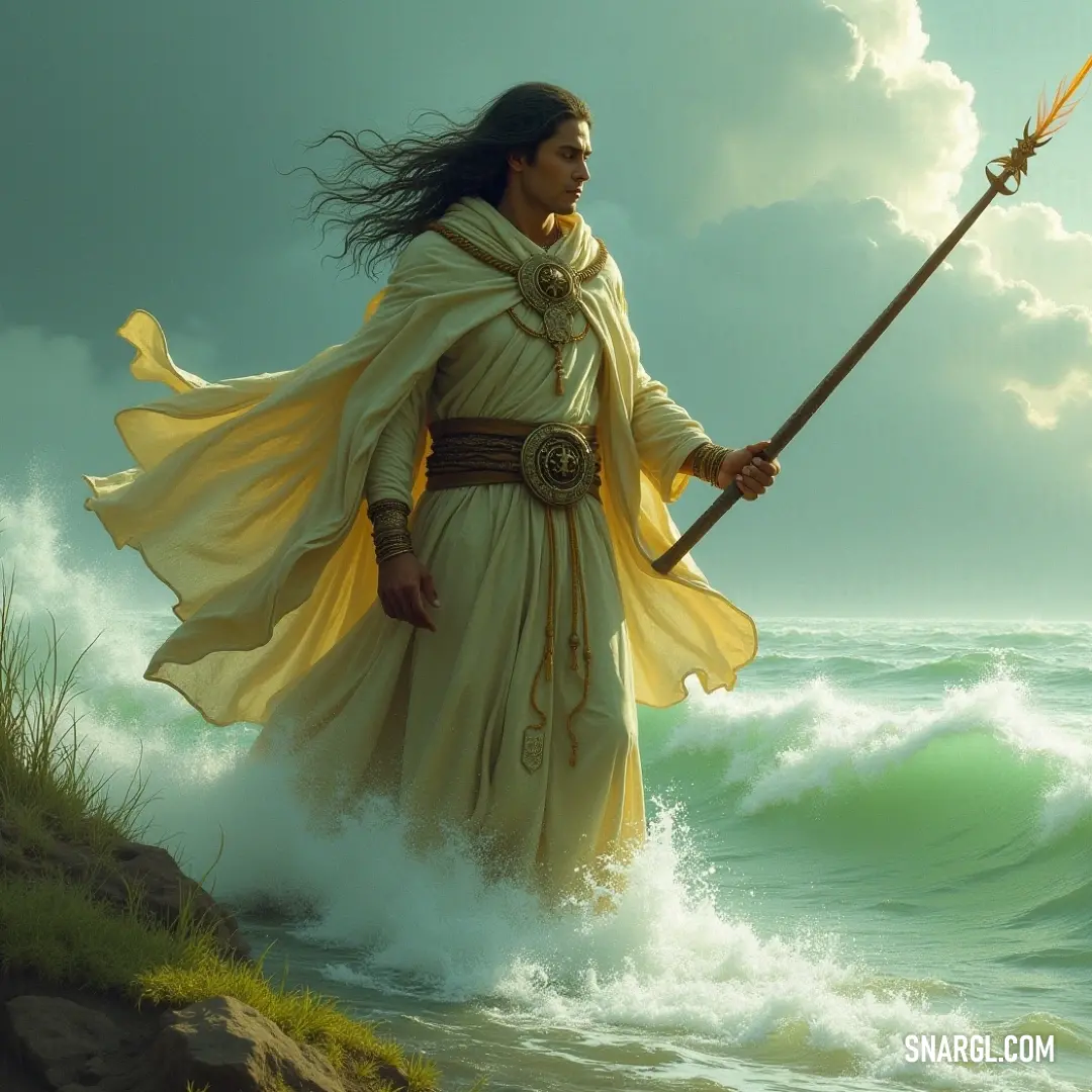 A figure in a flowing white robe stands poised in the ocean, holding a spear as waves rise around him, embodying a commanding presence in a serene landscape. In a serene ocean setting, a lone figure cloaked in a flowing white robe stands resolute, wielding a long spear that pierces the waves beneath him. The relentless power of the sea swirls around, creating a striking contrast with the tranquil sky above, su