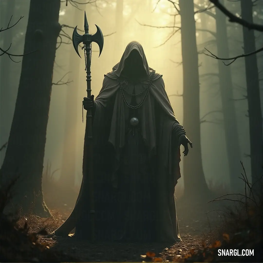 Mystic Cloaked Figure in Foggy Forest, Holding a Sceptula A cloaked figure in a dark forest holds a sceptula, his hooded face barely visible as mist swirls around him under the haunting light of the sun piercing through the fog.